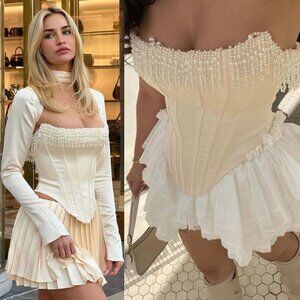 House of CB Aubrie Top Vintage Cream Embellished Satin Beaded Corset Size XS NWT